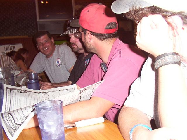 Dinner Friday night at the Windmill - Mike Epping, John Glancy, Mark Korsten, and a hiding Kathy K.